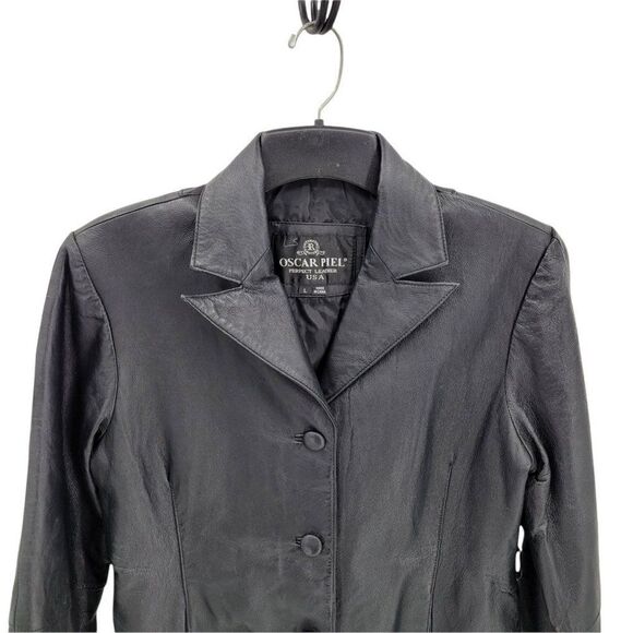 Vintage 80's Oscar Piel Leather Blazer Jacket Button Down Pockets Black Sz L - Picture 4 of 9
